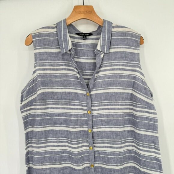 Ellen Tracy Womens Sleeveless Button Down Striped Blouse size XL Blue Linen - Picture 5 of 11